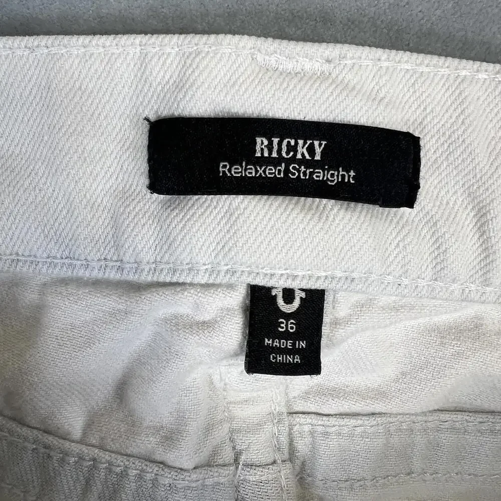 True Religion Ricky Jeans Mens 40* White Blue Dyed Relaxed Straight Flap Pockets